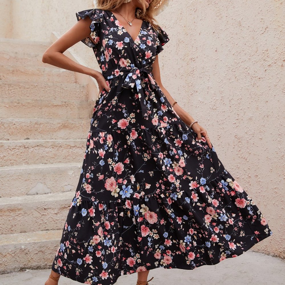 New Floral Print Butterfly Sleeve Ruffle Hem Belted Dress Black